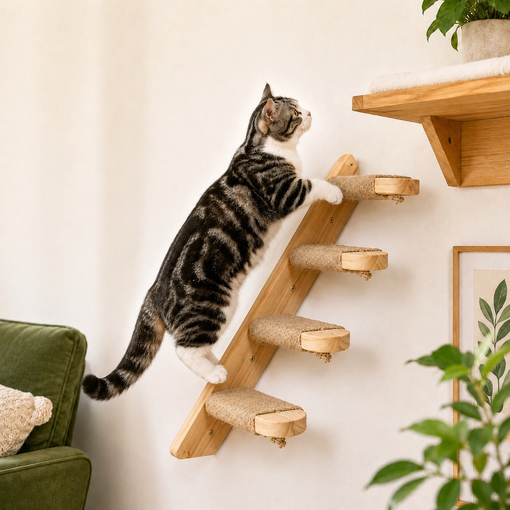 Wall-Mounted Solid Wood Cat Steps for Shelves & Perches - Space-Saving Jute Climbing Ladder image 1