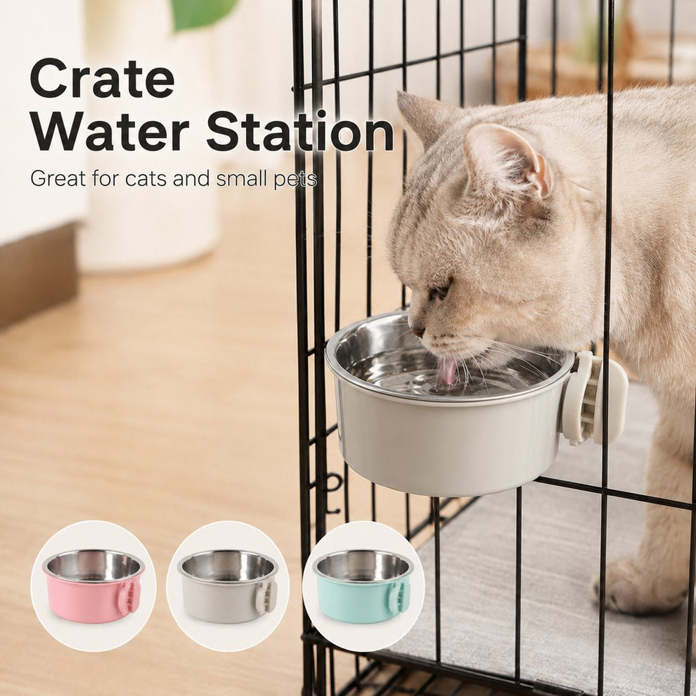 Crate-mounted stainless steel pet bowl for dogs and cats