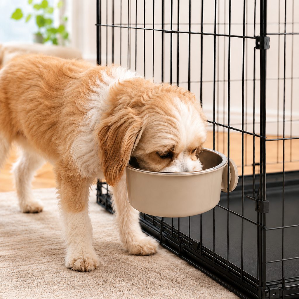 Crate-mounted stainless steel pet bowl for dogs and cats