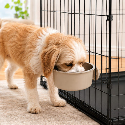 Crate-mounted stainless steel pet bowl for dogs and cats