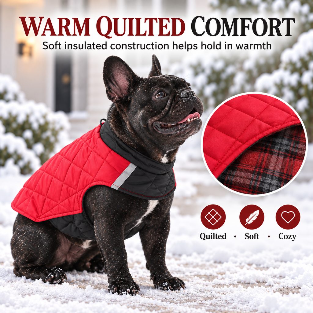Warm red quilted dog winter jacket with plaid reverse side