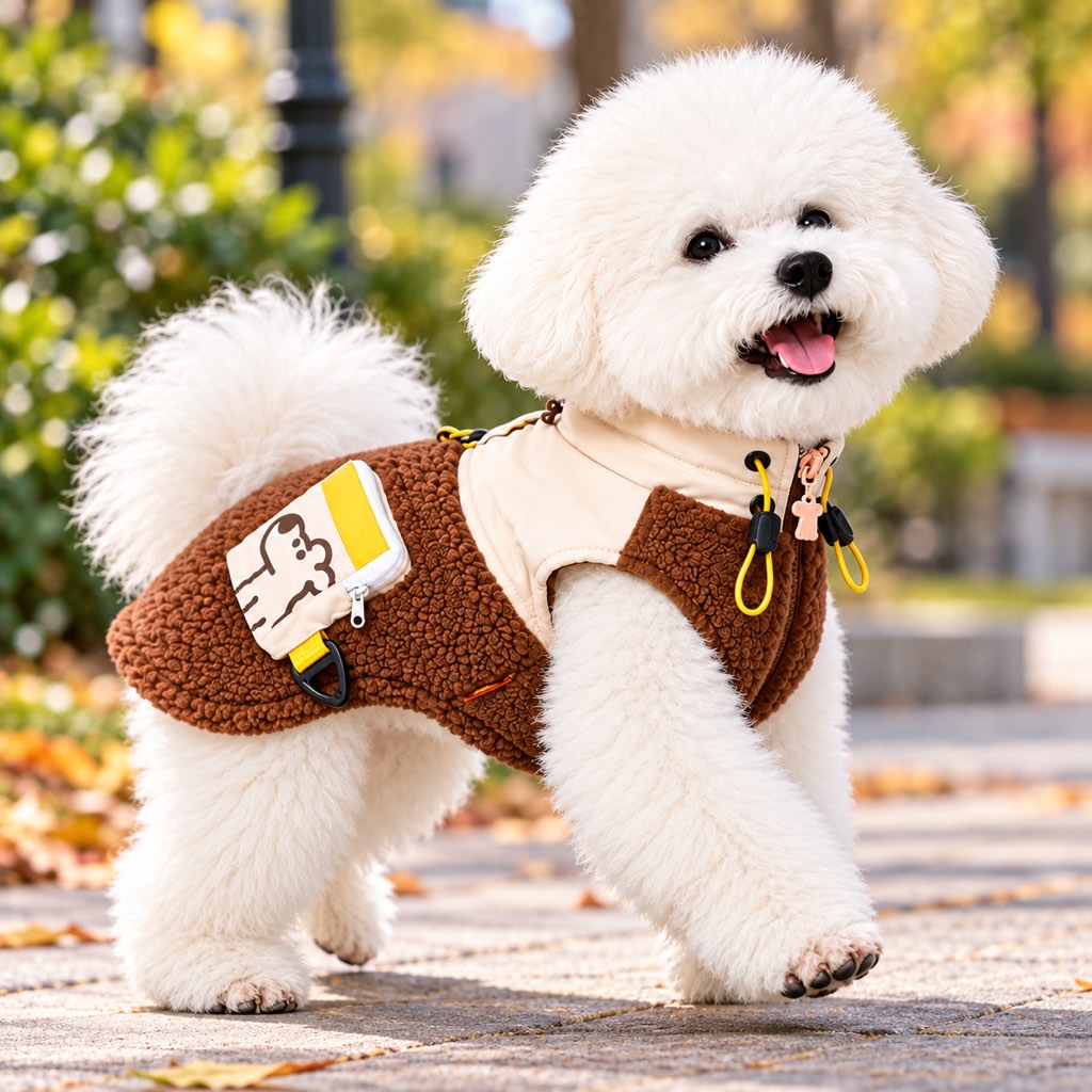 Small white dog wearing a brown sherpa fleece winter vest with cream collar and zippered pocket