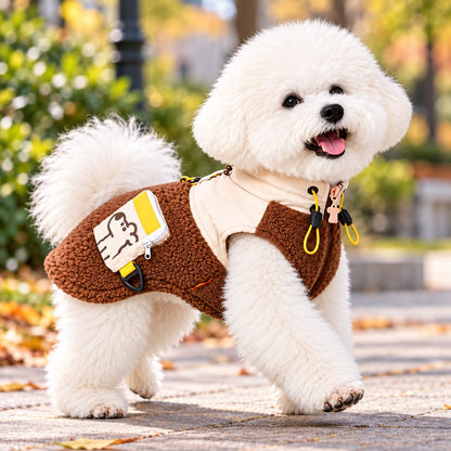Small white dog wearing a brown sherpa fleece winter vest with cream collar and zippered pocket