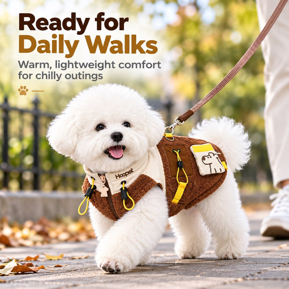 Small dog wearing a warm sherpa winter vest during an autumn park walk