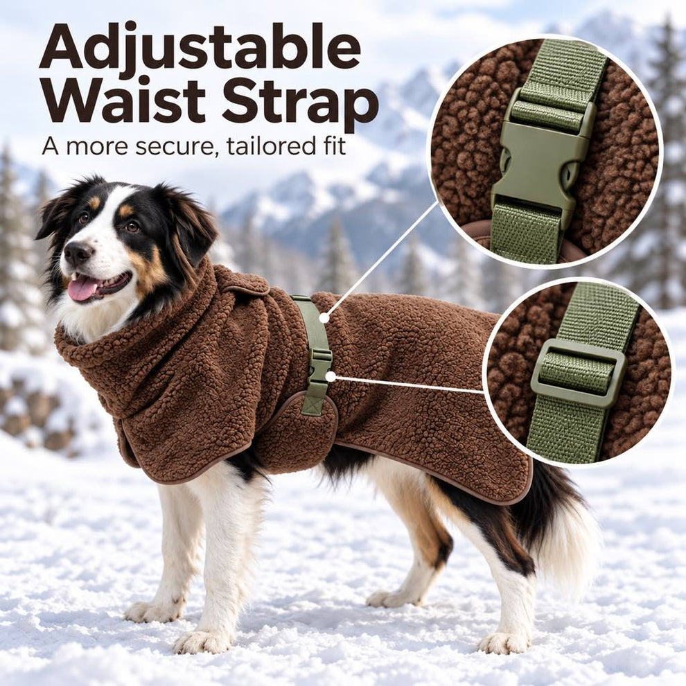 adjustable waist strap on sherpa dog winter jacket
