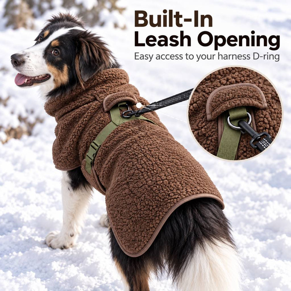 built-in leash opening on warm dog winter coat