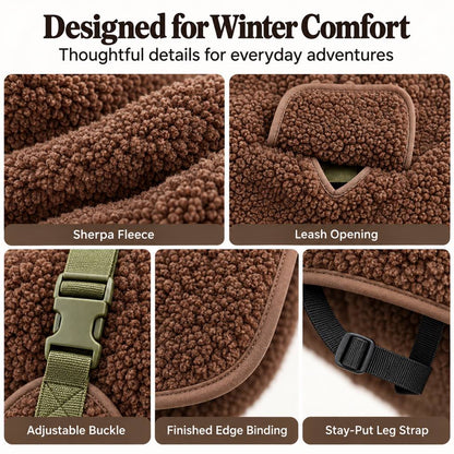 sherpa fleece dog coat buckle binding and leash opening details