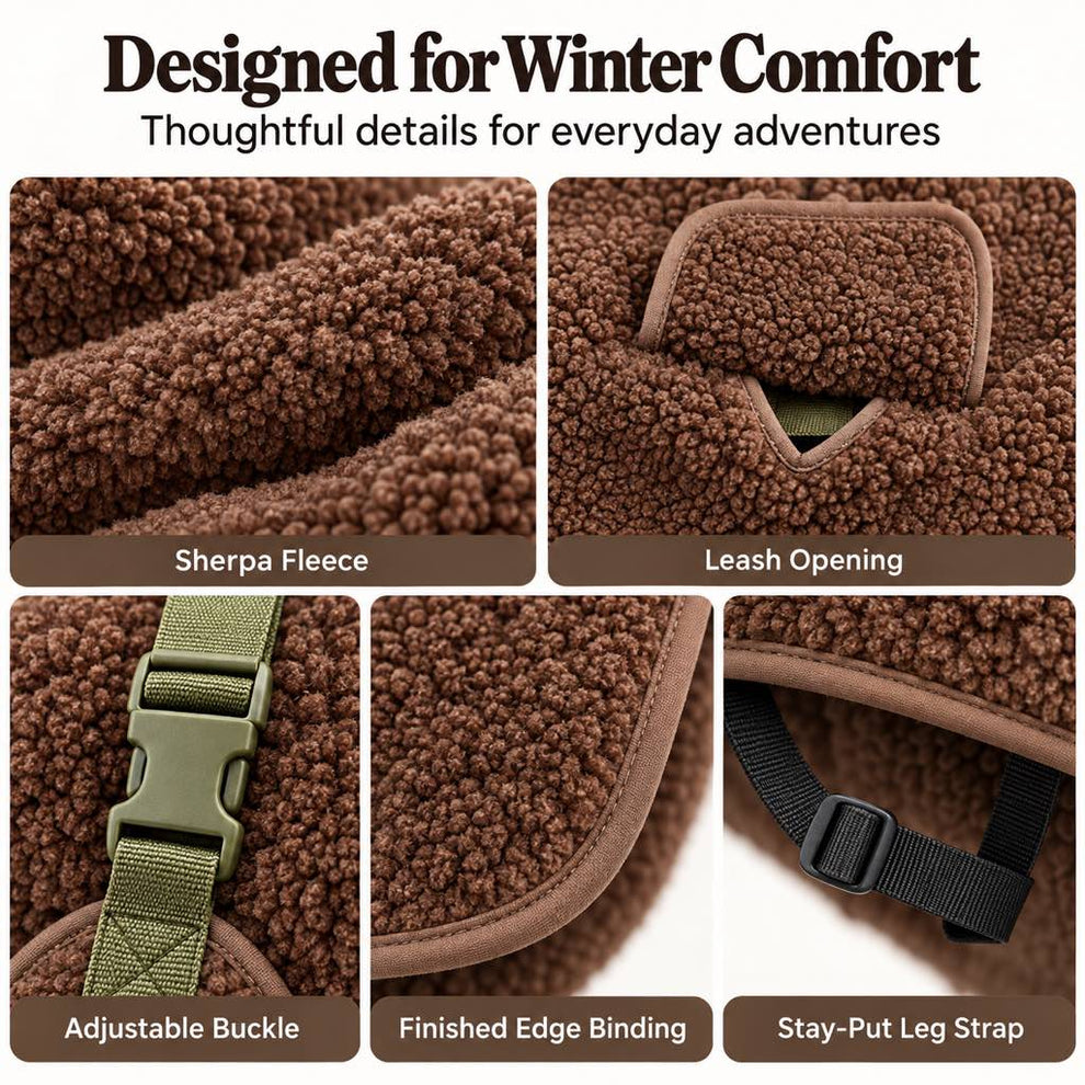 sherpa fleece dog coat buckle binding and leash opening details