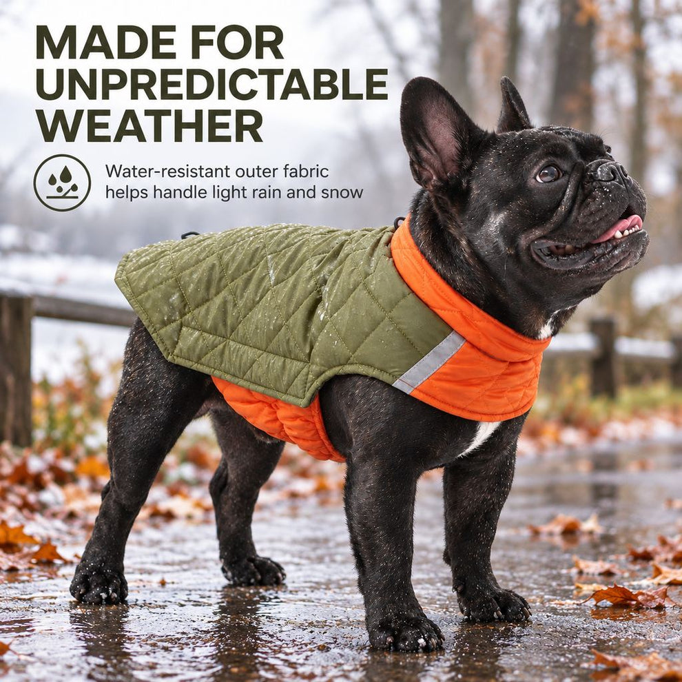 Olive Green water-resistant reversible dog coat in damp weather