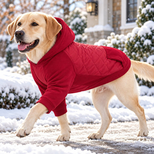 red hooded quilted winter dog coat for cold-weather walks