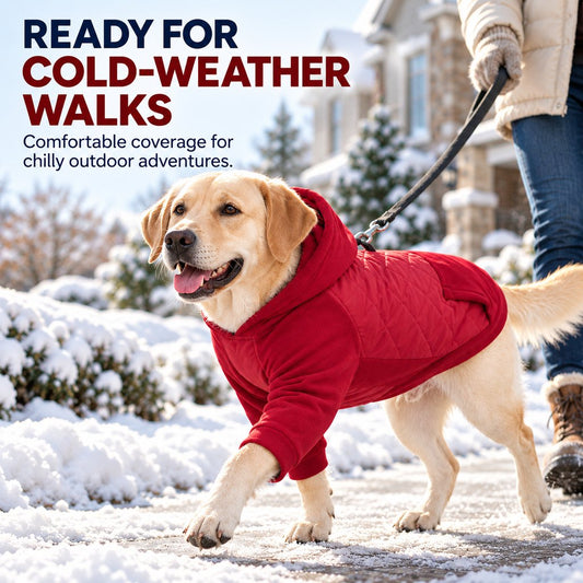 red quilted winter dog coat on a snowy neighborhood walk