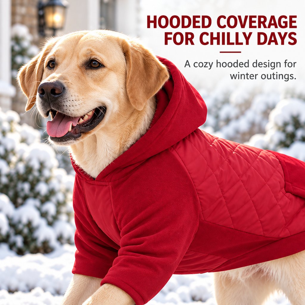 attached hood on a red quilted winter dog coat