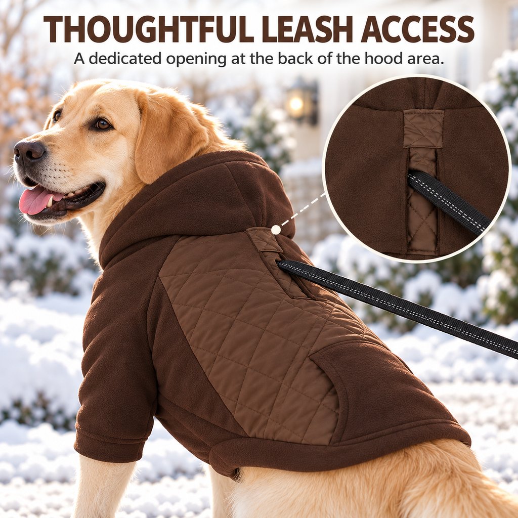 back leash-access opening on a coffee brown winter dog coat