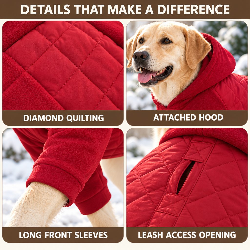 hooded quilted winter dog coat construction details