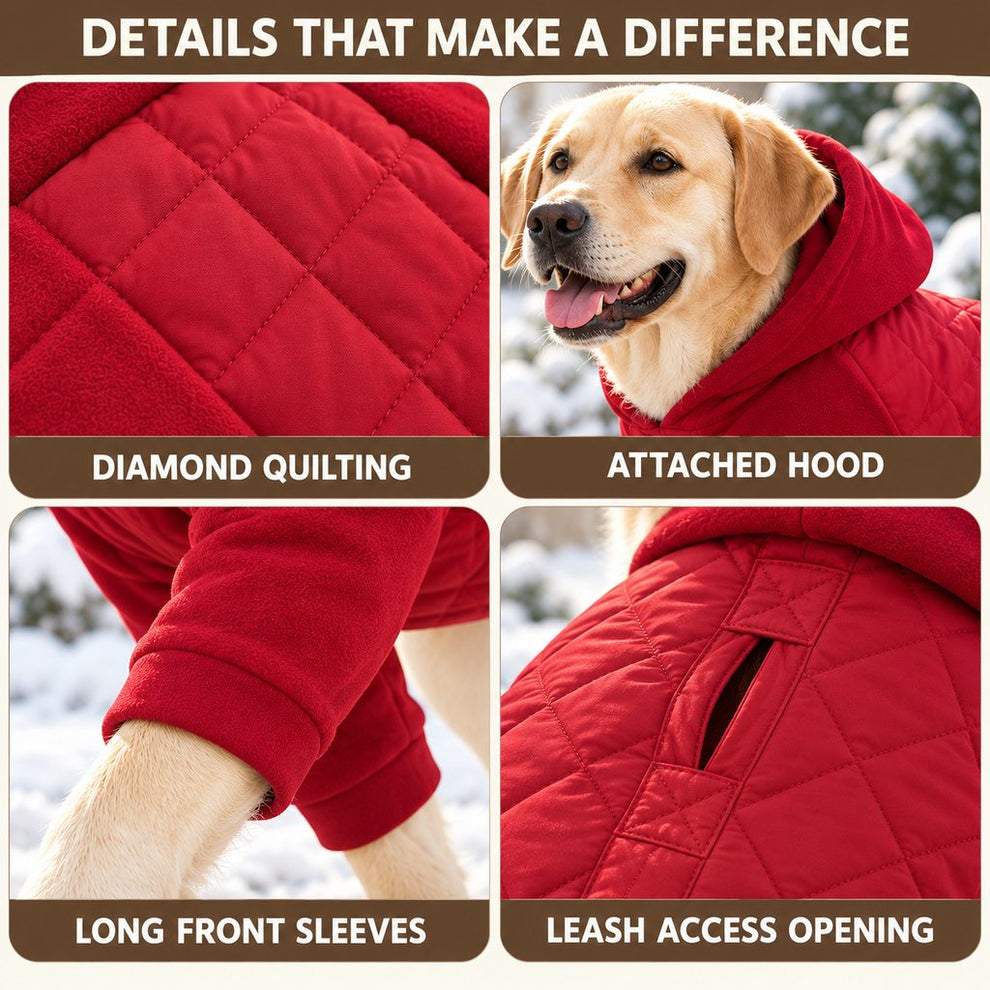 hooded quilted winter dog coat construction details