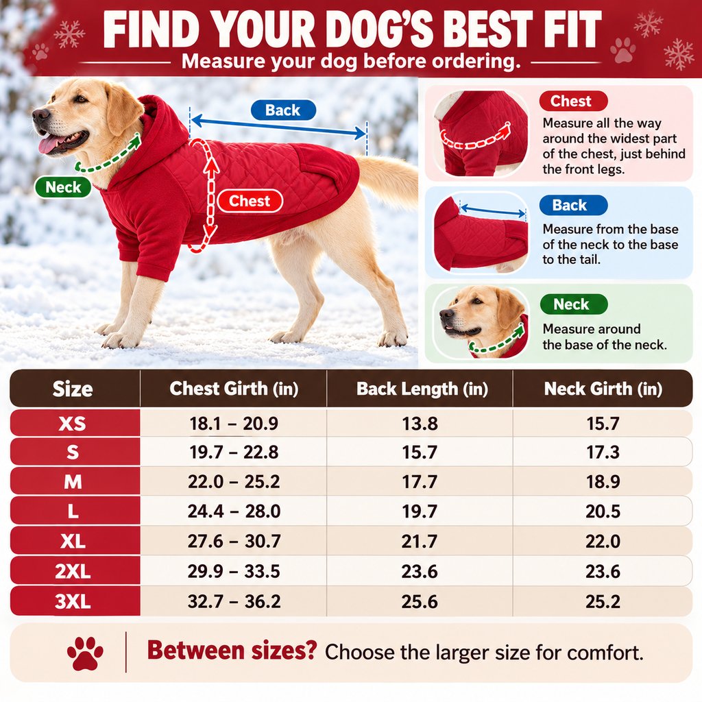 winter dog coat size chart from XS through 3XL