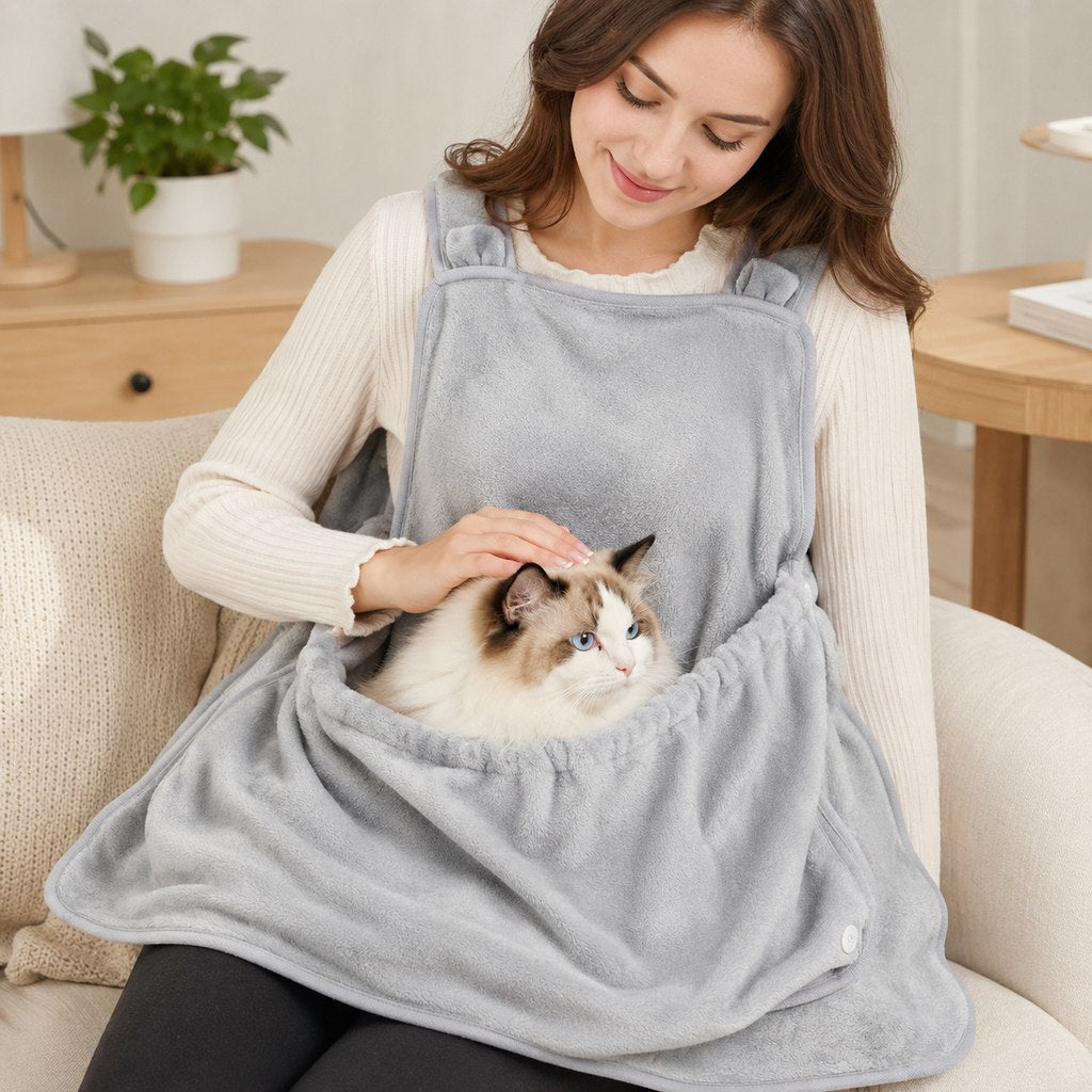 Paws in Awe Wearable Cat Cuddle Apron for Reading & Working at Home - Soft Plush Lap Pouch Helps Keep Cats Cozy and Fur Off Clothes image 1