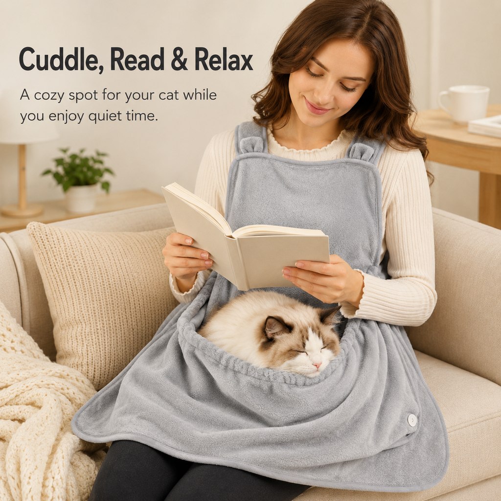 Paws in Awe Wearable Cat Cuddle Apron for Reading & Working at Home - Soft Plush Lap Pouch Helps Keep Cats Cozy and Fur Off Clothes image 2