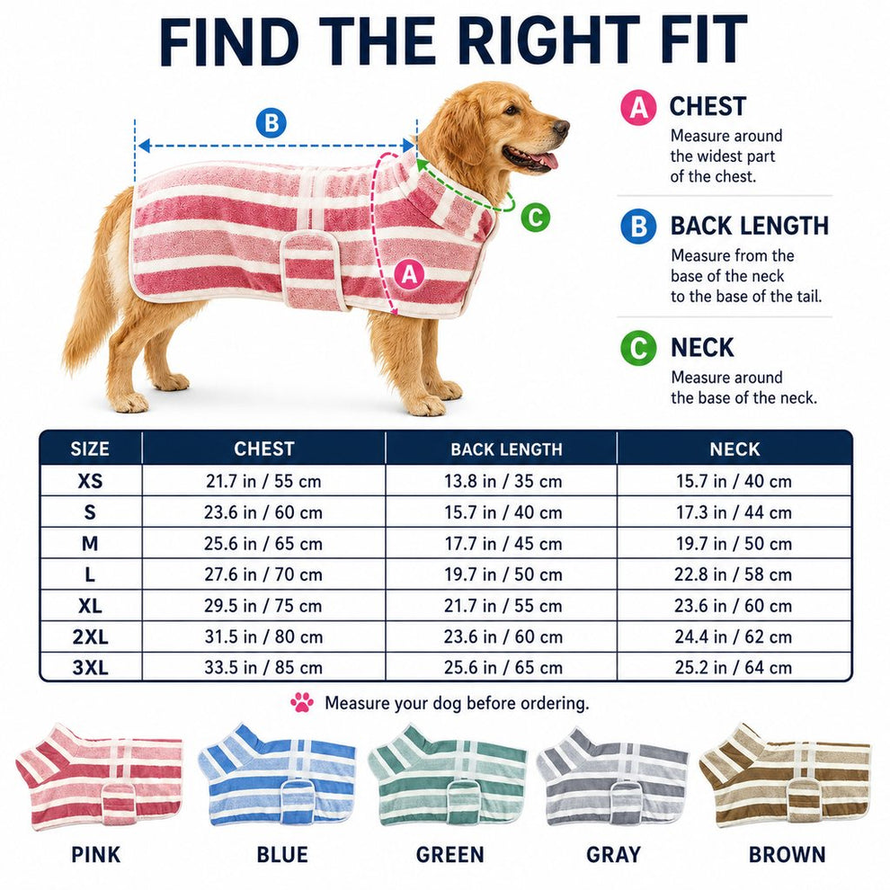 Wearable dog drying towel size guide