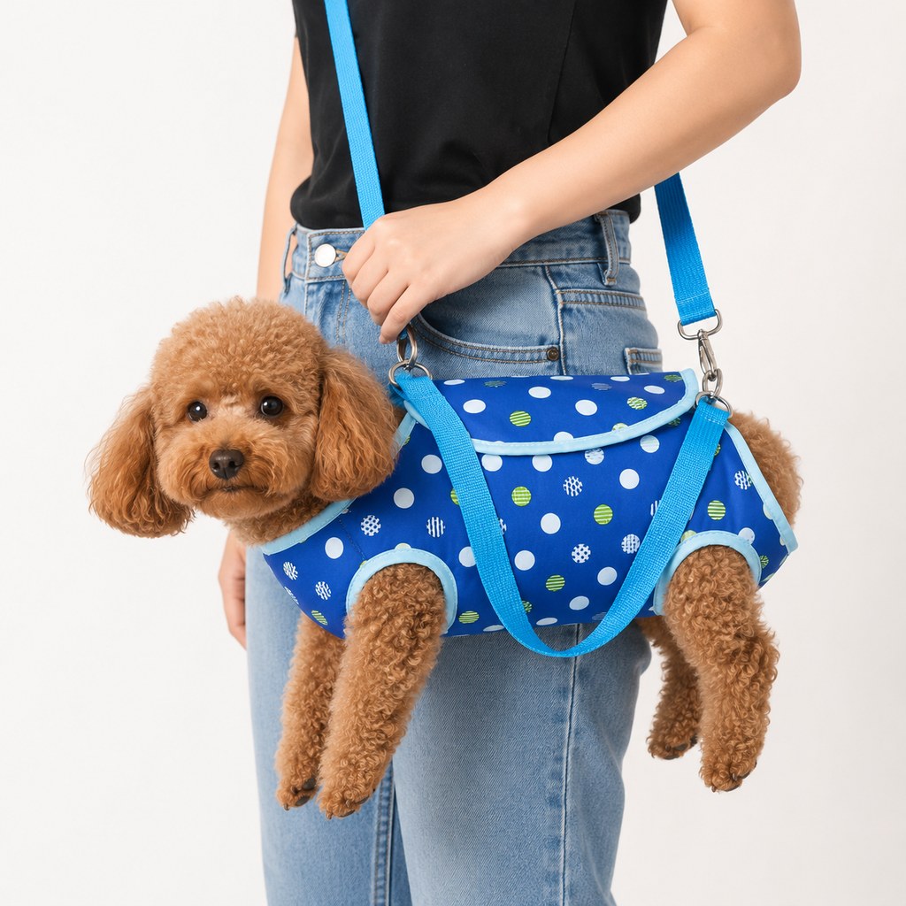 Blue polka dot wearable pet carrier harness for small dogs
