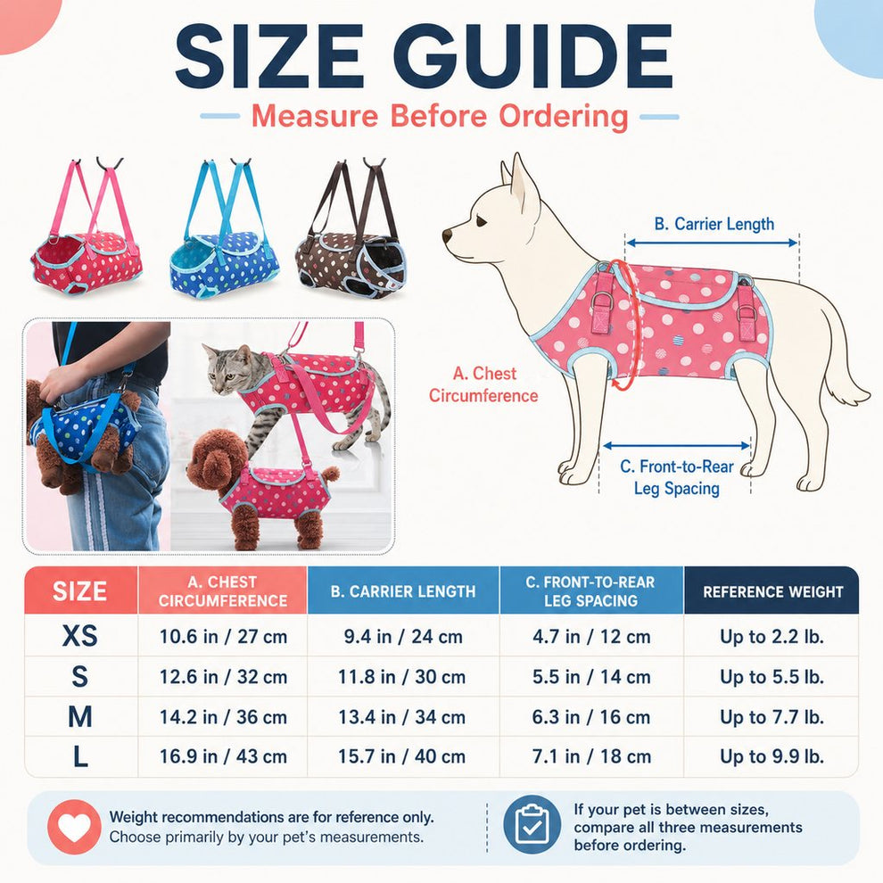 Wearable pet carrier size guide for small dogs and cats