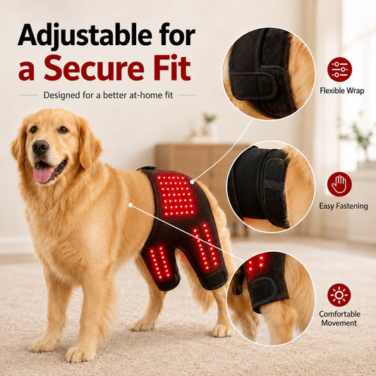 Paws in Awe Wearable red light therapy sleeve for dogs, used for home care of the lower back and hind legs/hips.