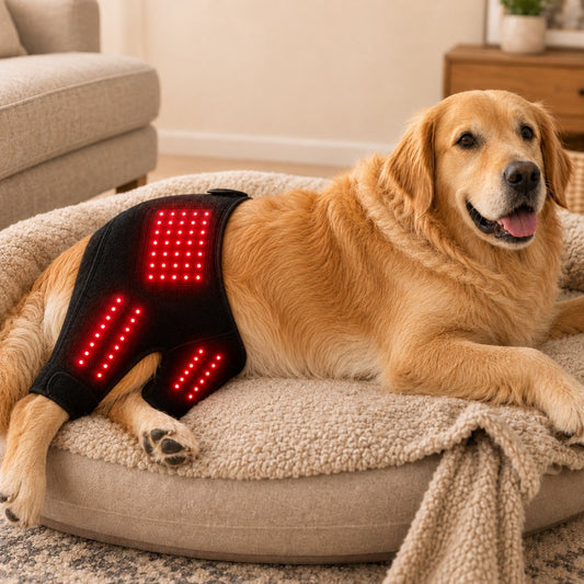 Paws in Awe Wearable red light therapy sleeve for dogs, used for home care of the lower back and hind legs/hips.