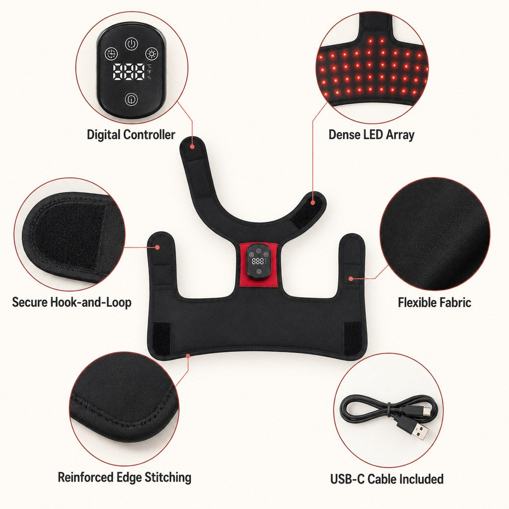 Wearable dog hip light wrap details with hook and loop fastening and USB-C cable