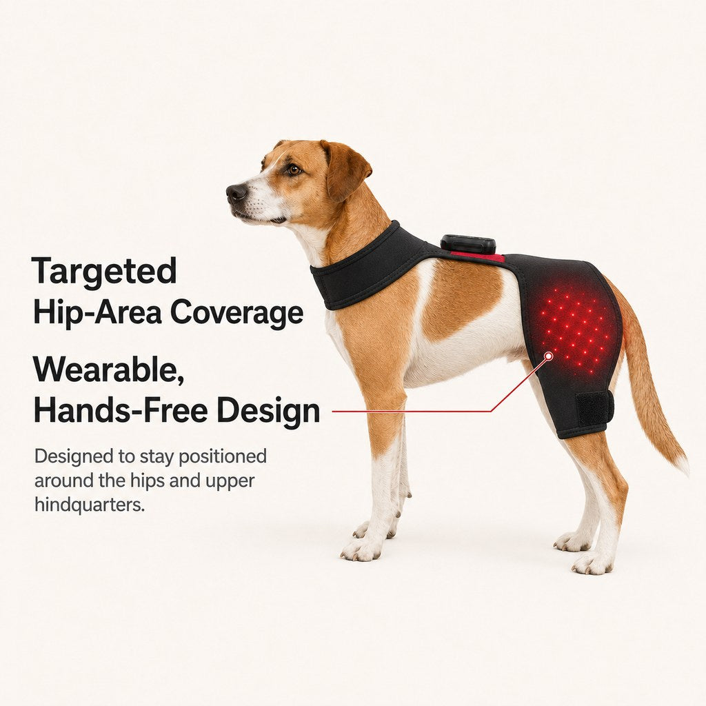 Targeted hip-area coverage on wearable dog light wrap