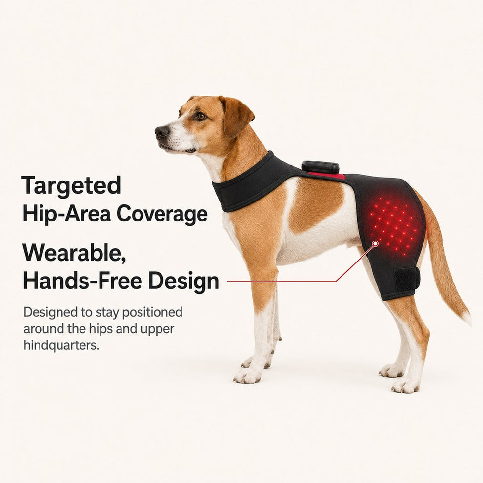 Targeted hip-area coverage on wearable dog light wrap