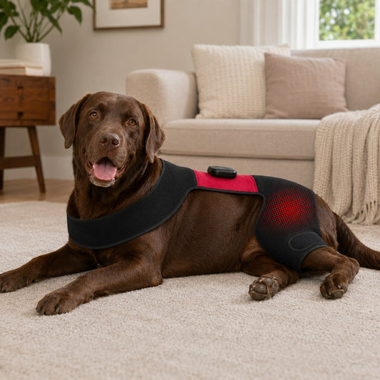 Dog resting while wearing hands-free hip-area light wrap