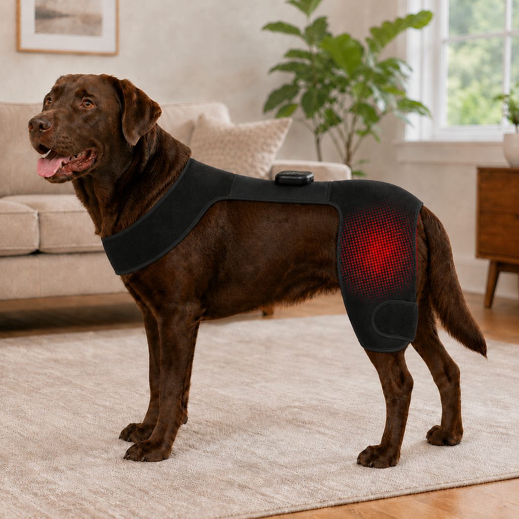 Side view of wearable hip-area light wrap for dogs