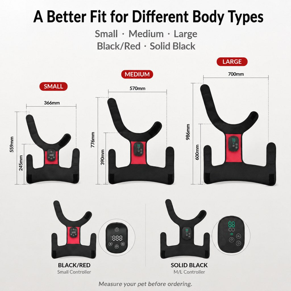 Size guide for black red and solid black dog hip light wrap