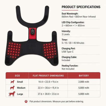 Product specifications for wearable red and near-infrared dog hip wrap