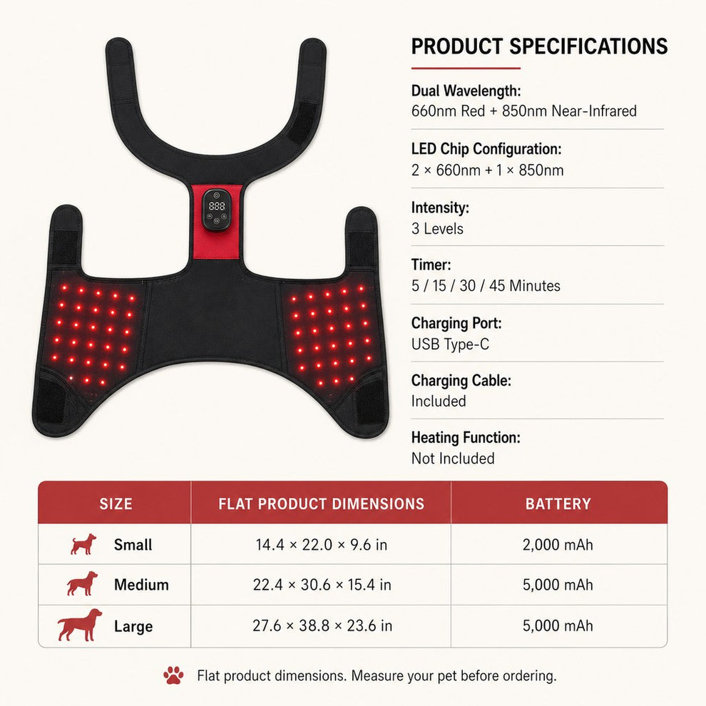 Product specifications for wearable red and near-infrared dog hip wrap