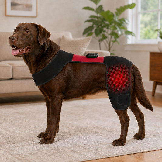 Dog standing while wearing red and near-infrared hip-area light wrap