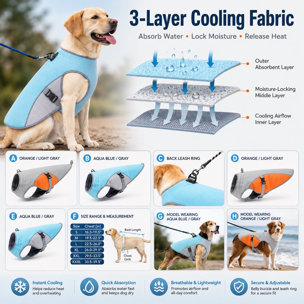 Paws in Awe Dog Cooling Vest for Summer Walks - Wet-to-Cool Lightweight Jacket with Leash Ring for Hot Weather Outdoor Comfort image 4