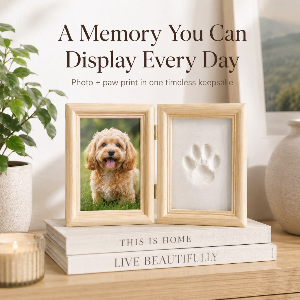 White frame pet paw print kit with photo display