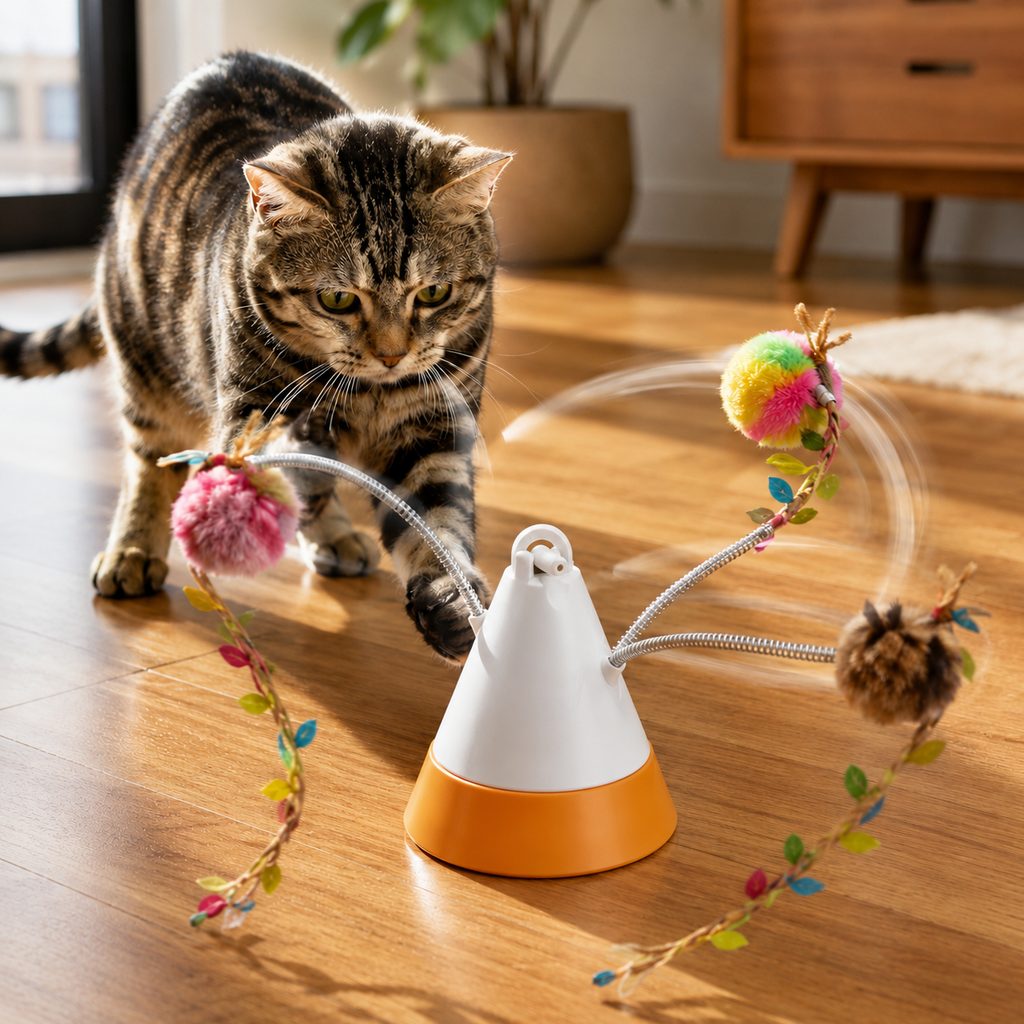 White MiaSpin rotating cat teaser toy