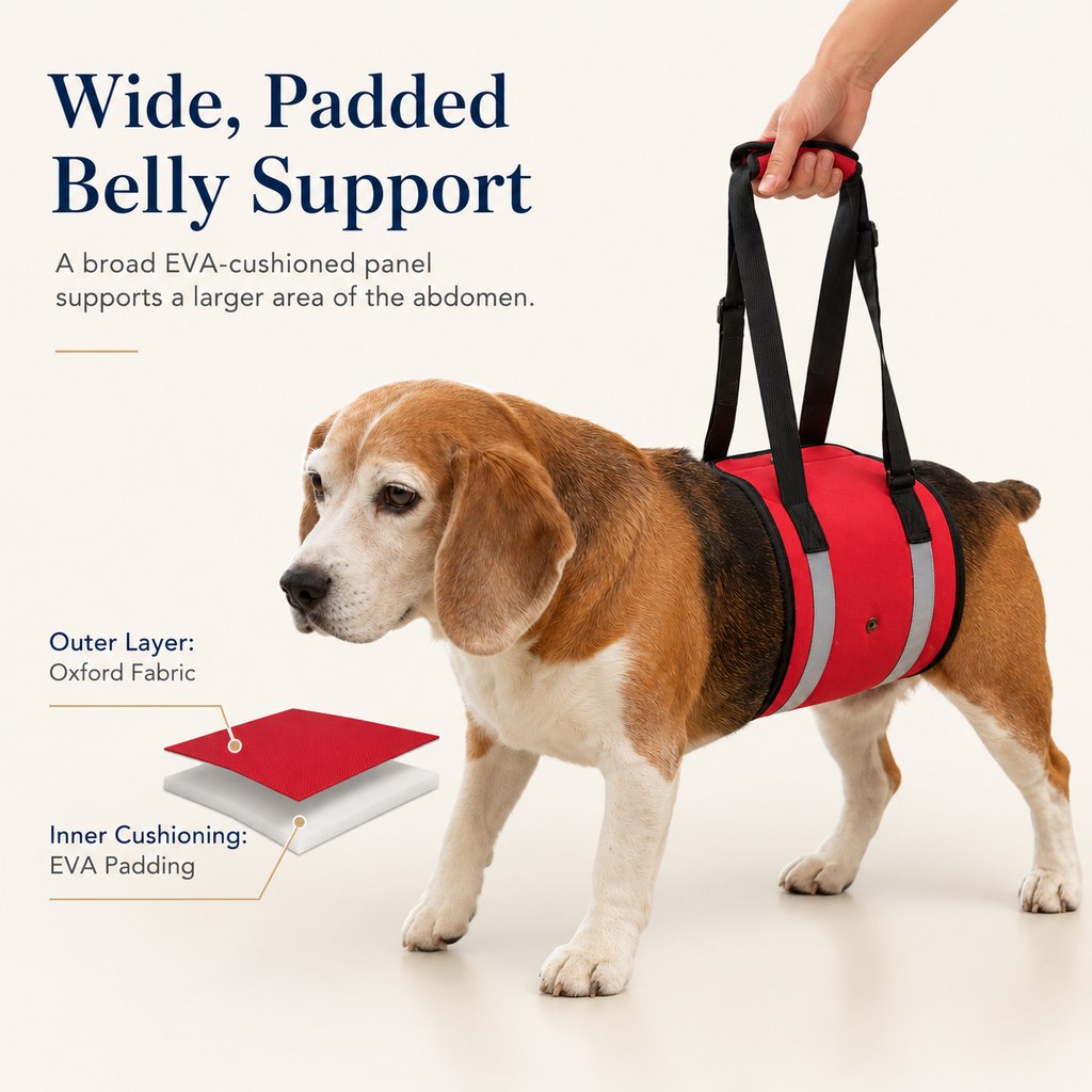 Wide padded belly support panel on dog lift sling