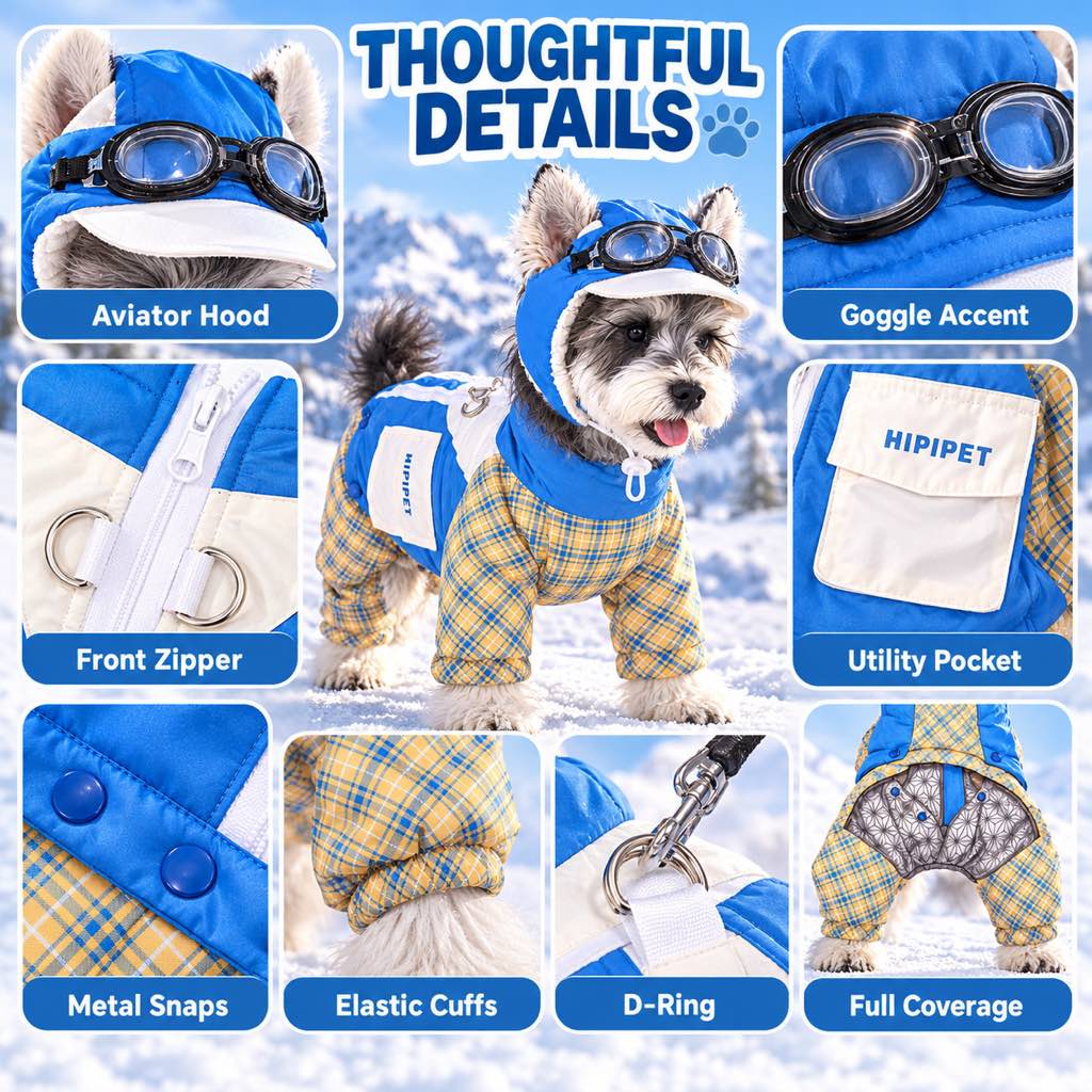 Dog snowsuit hood cuffs pocket and hardware details