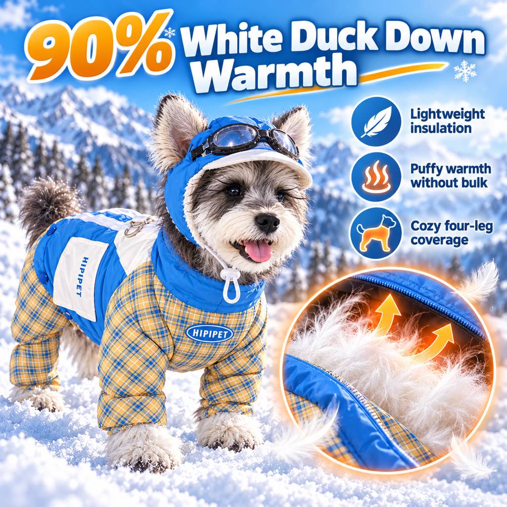 White duck down insulation feature graphic for dog snowsuit