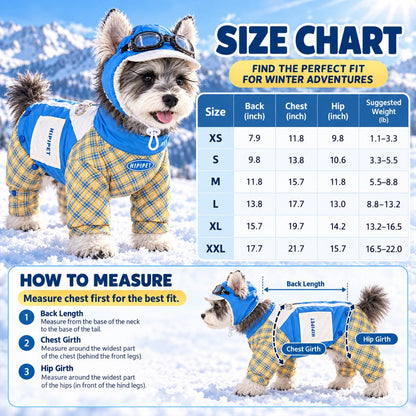 Dog snowsuit size guide XS through 2XL with measurements in inches