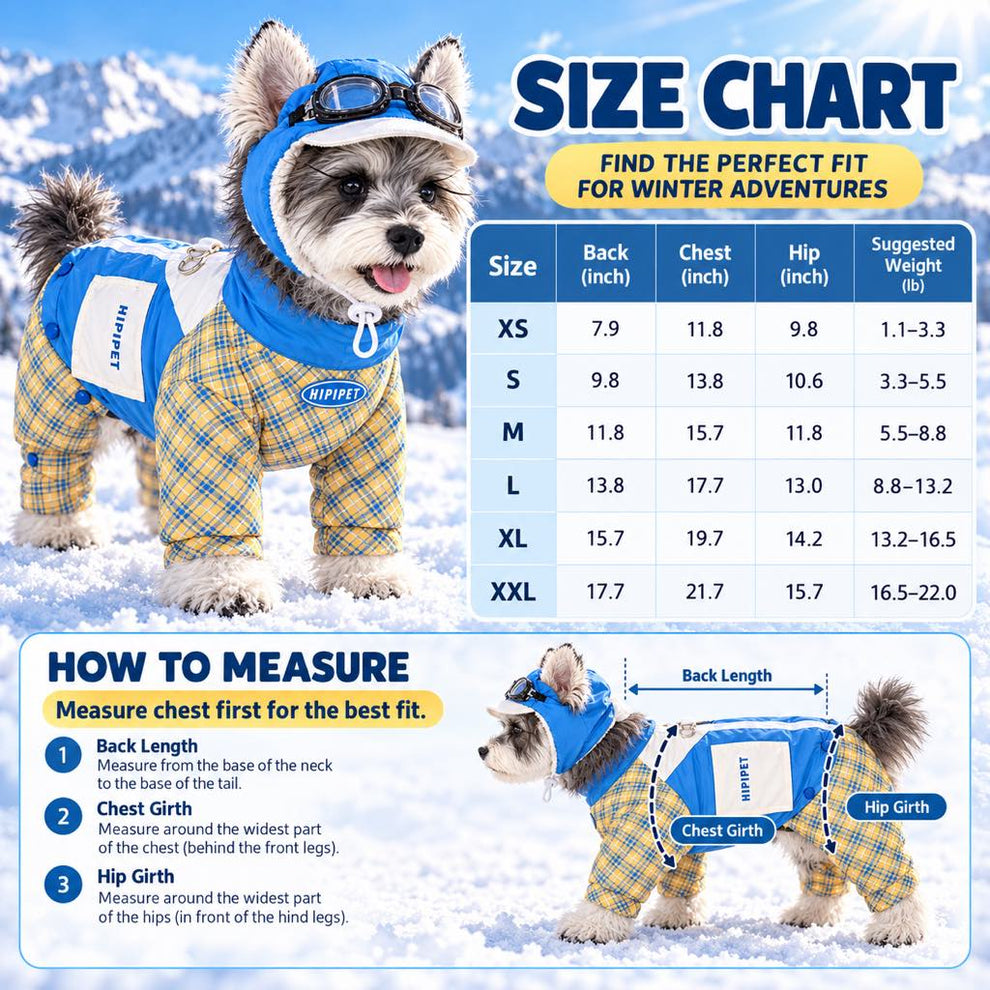 Dog snowsuit size guide XS through 2XL with measurements in inches