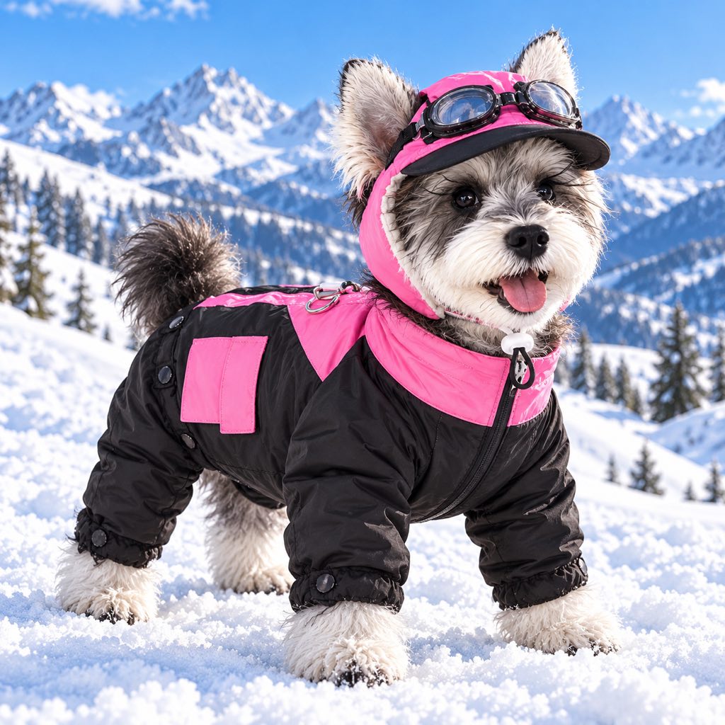 Small dog wearing Black/Pink four-leg down snowsuit in snow
