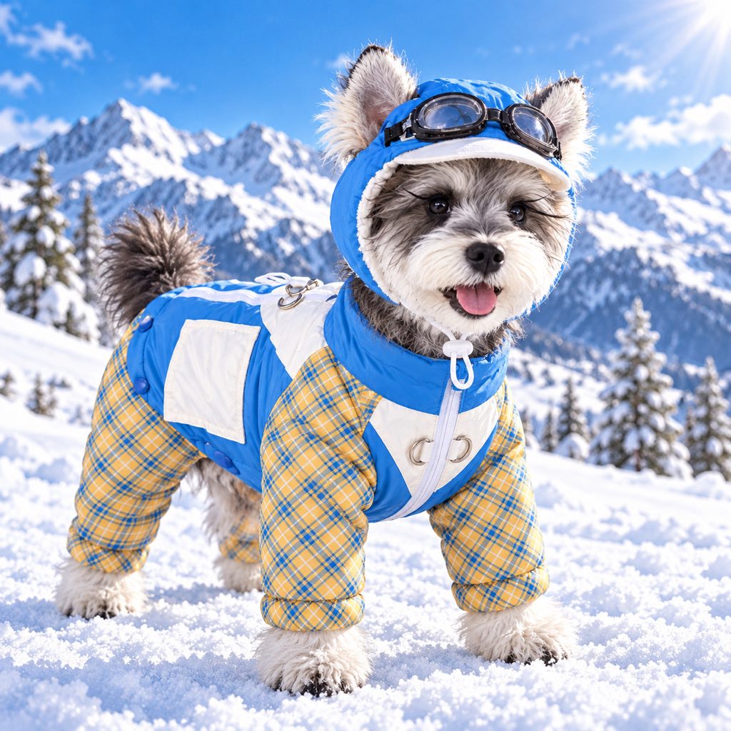 Small dog wearing Blue Plaid four-leg down snowsuit in snow