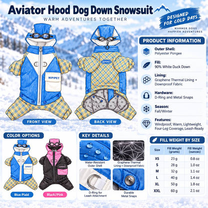 Dog snowsuit materials colors and down fill weights