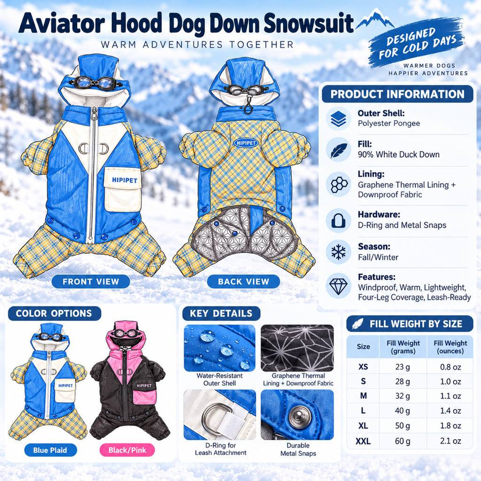 Dog snowsuit materials colors and down fill weights
