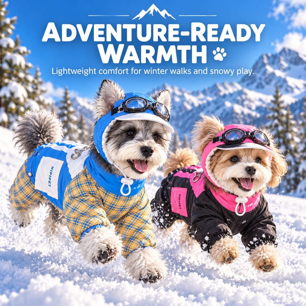 Two small dogs wearing four-leg snowsuits on a snowy walk