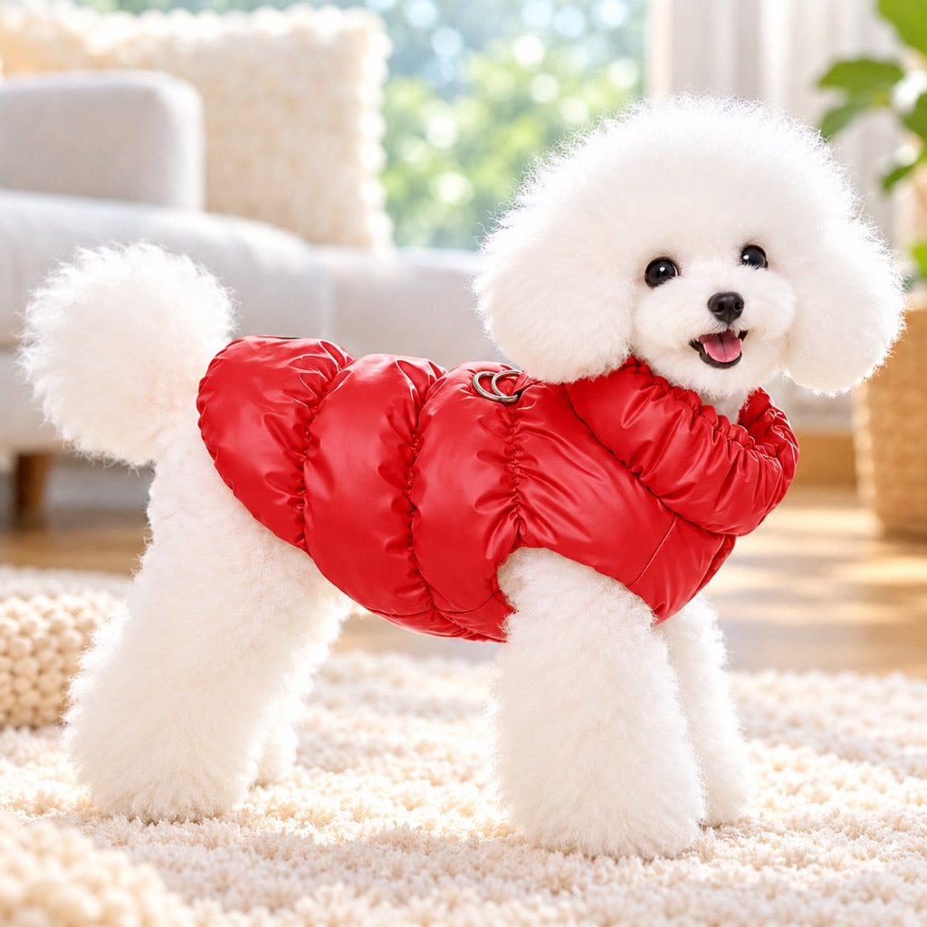 Small dog wearing a bright red fleece-lined winter puffer vest